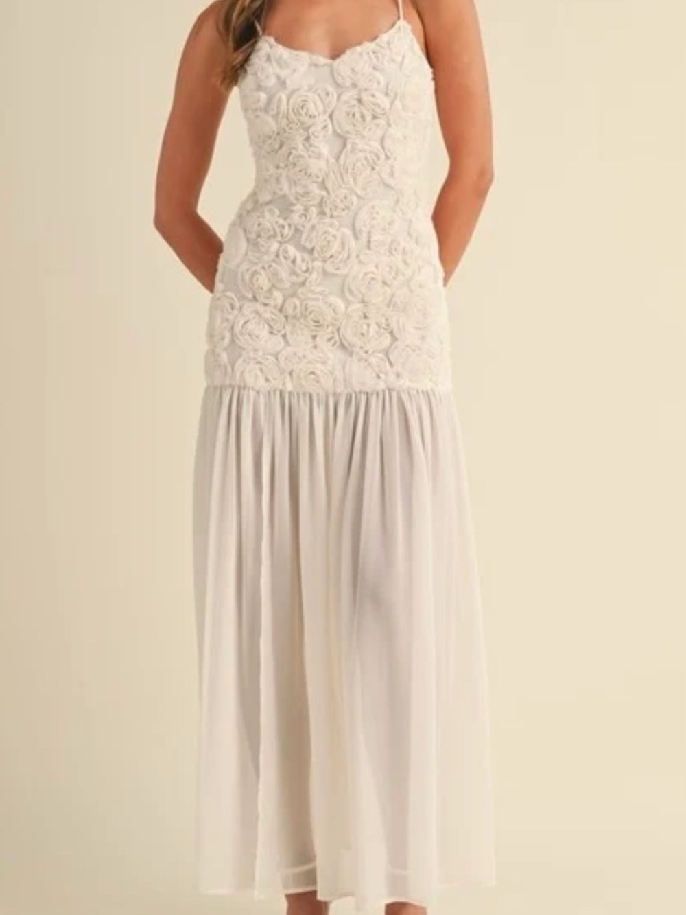 Ivory Floral Appliqué Spaghetti Strap Maxi Dress